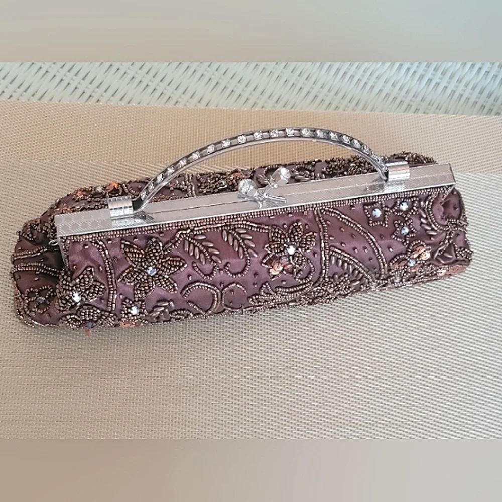 Bronze Beaded Sequin Satin with Rhinestone  Kisslock  Bag - Picture 3 of 3